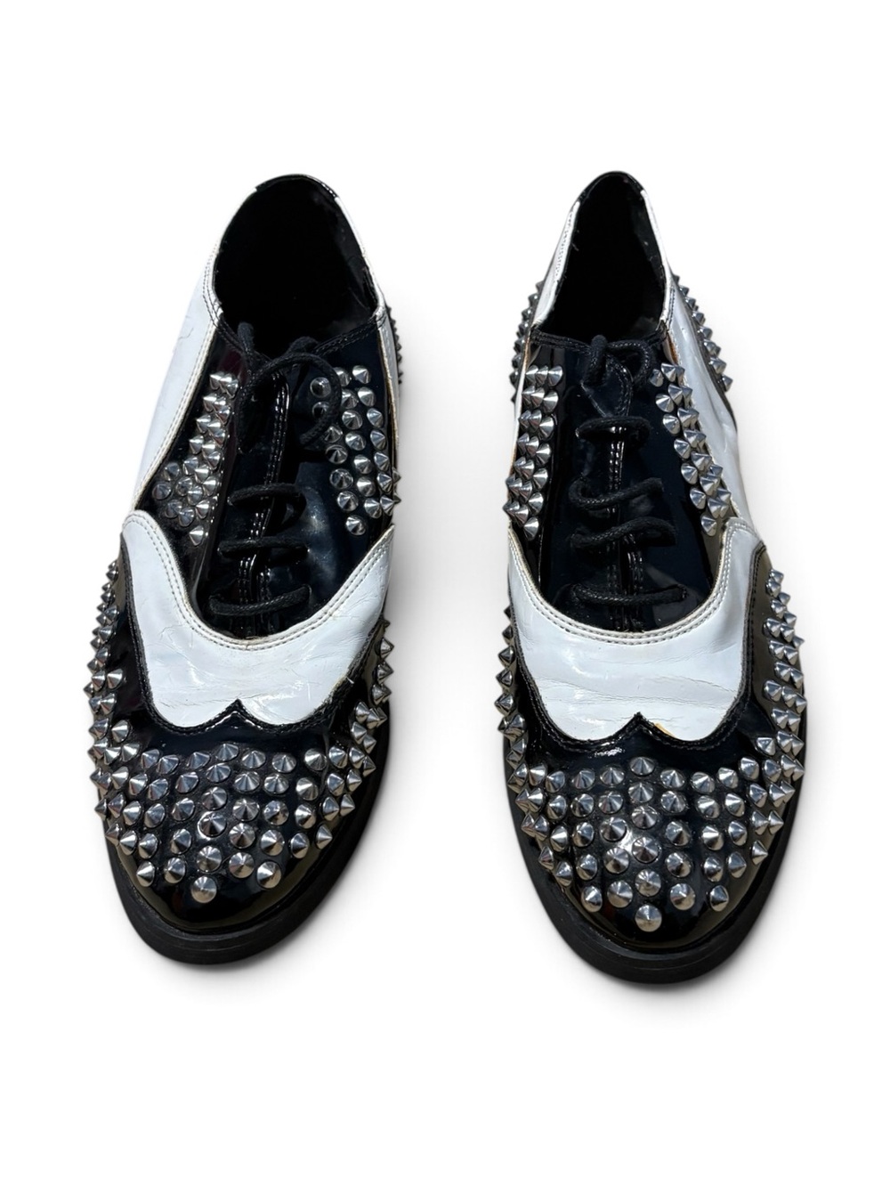 Women's Black and White Studded Leather Oxfords